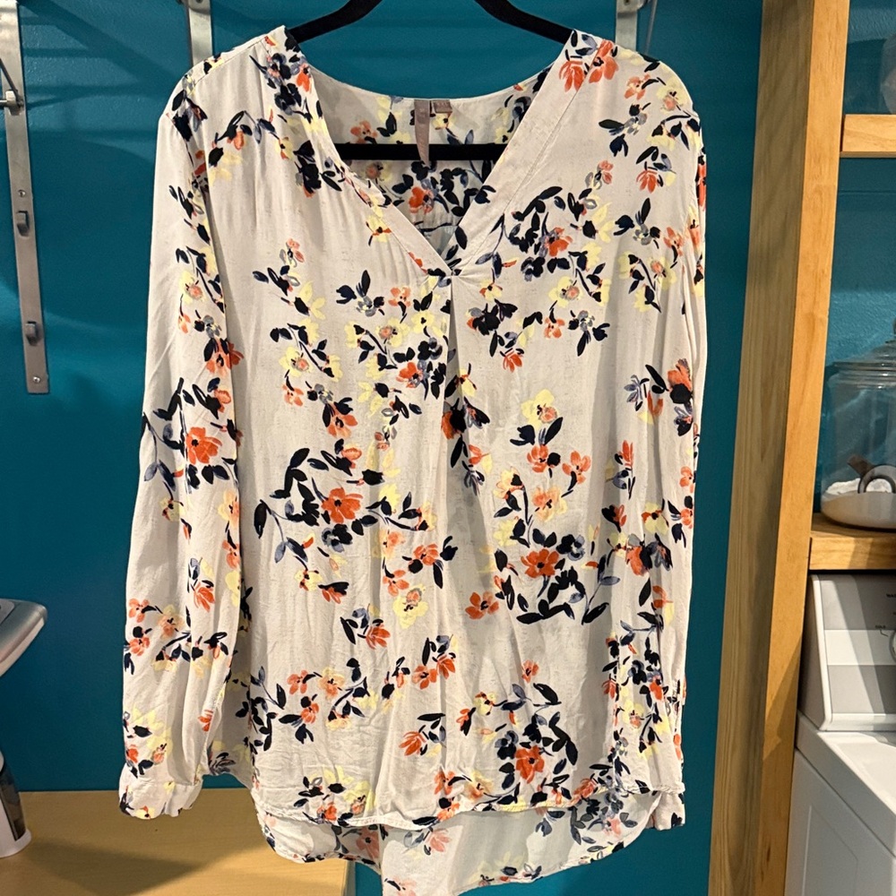 Floral V-Neck Blouse - Cream with Multicolor Design